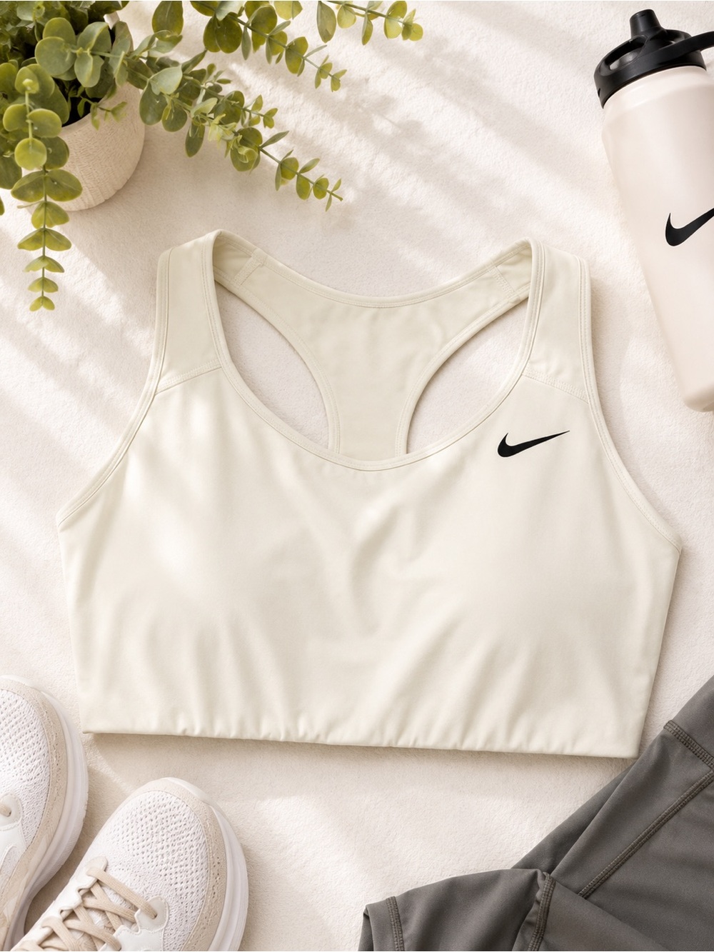 Nike Cream Racerback Sports Bra with Black Swoosh